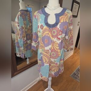 Boden Multicolor Floral Tunic - Lavender, Yellow, Aqua